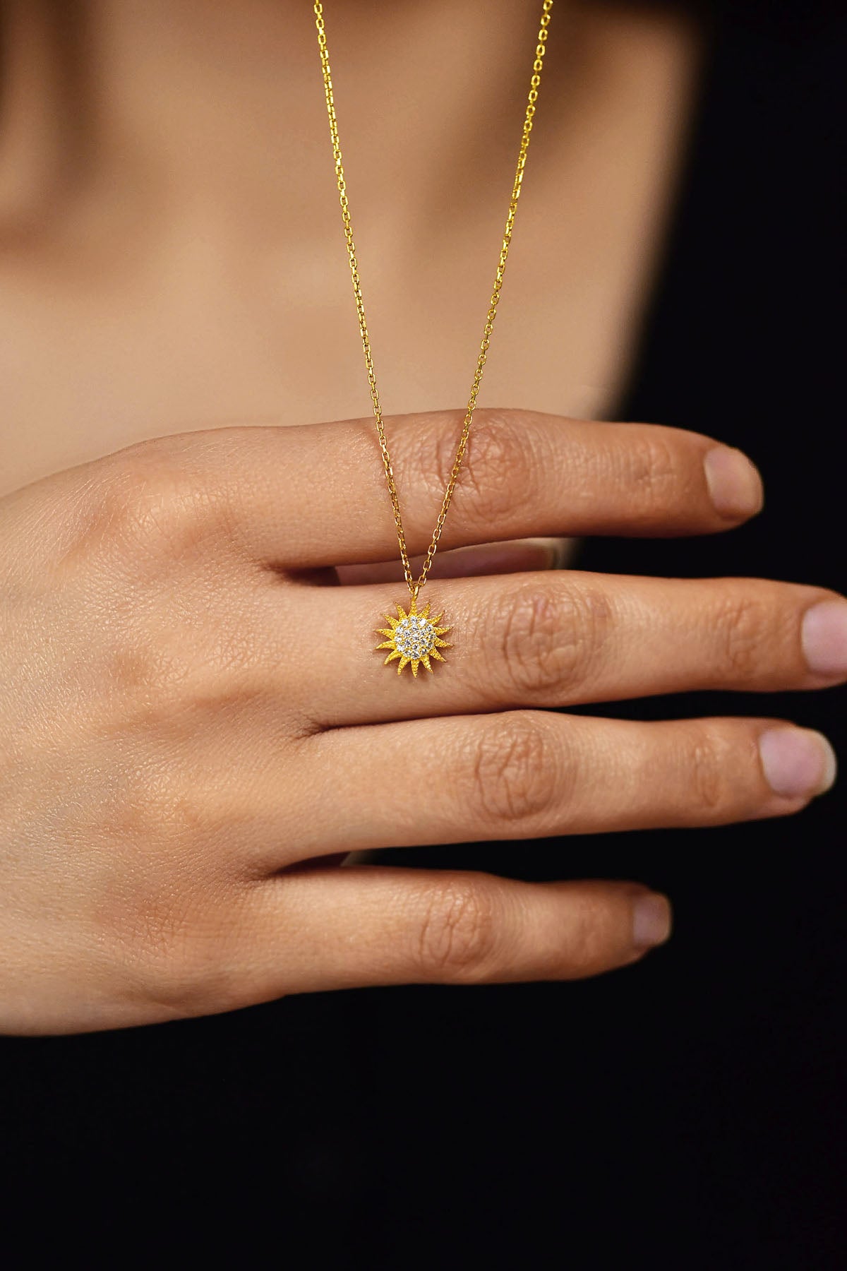 Gold Sun Necklace with Zircon | 925 Silver