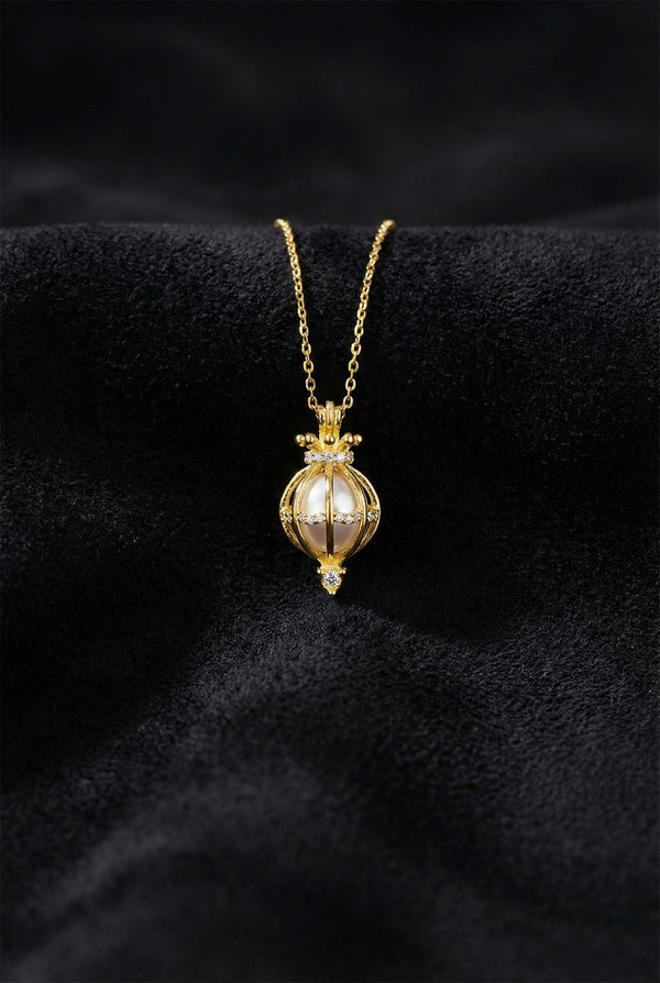 Gold Pearl Cage Pendant Necklace | 925 Silver
