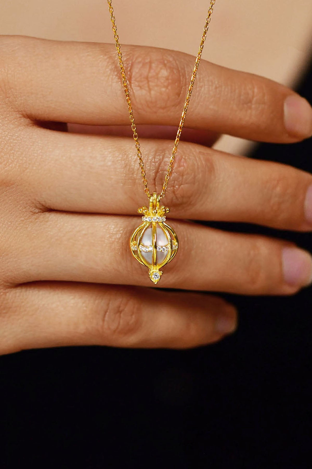 Gold Pearl Cage Pendant Necklace | 925 Silver