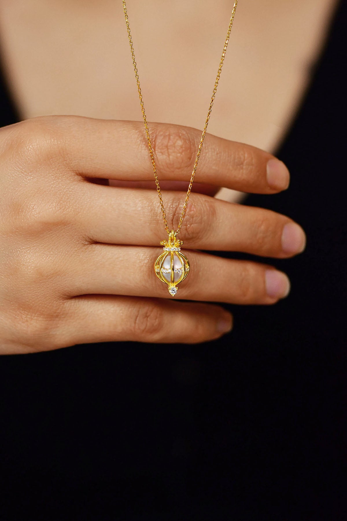 Gold Pearl Cage Pendant Necklace | 925 Silver