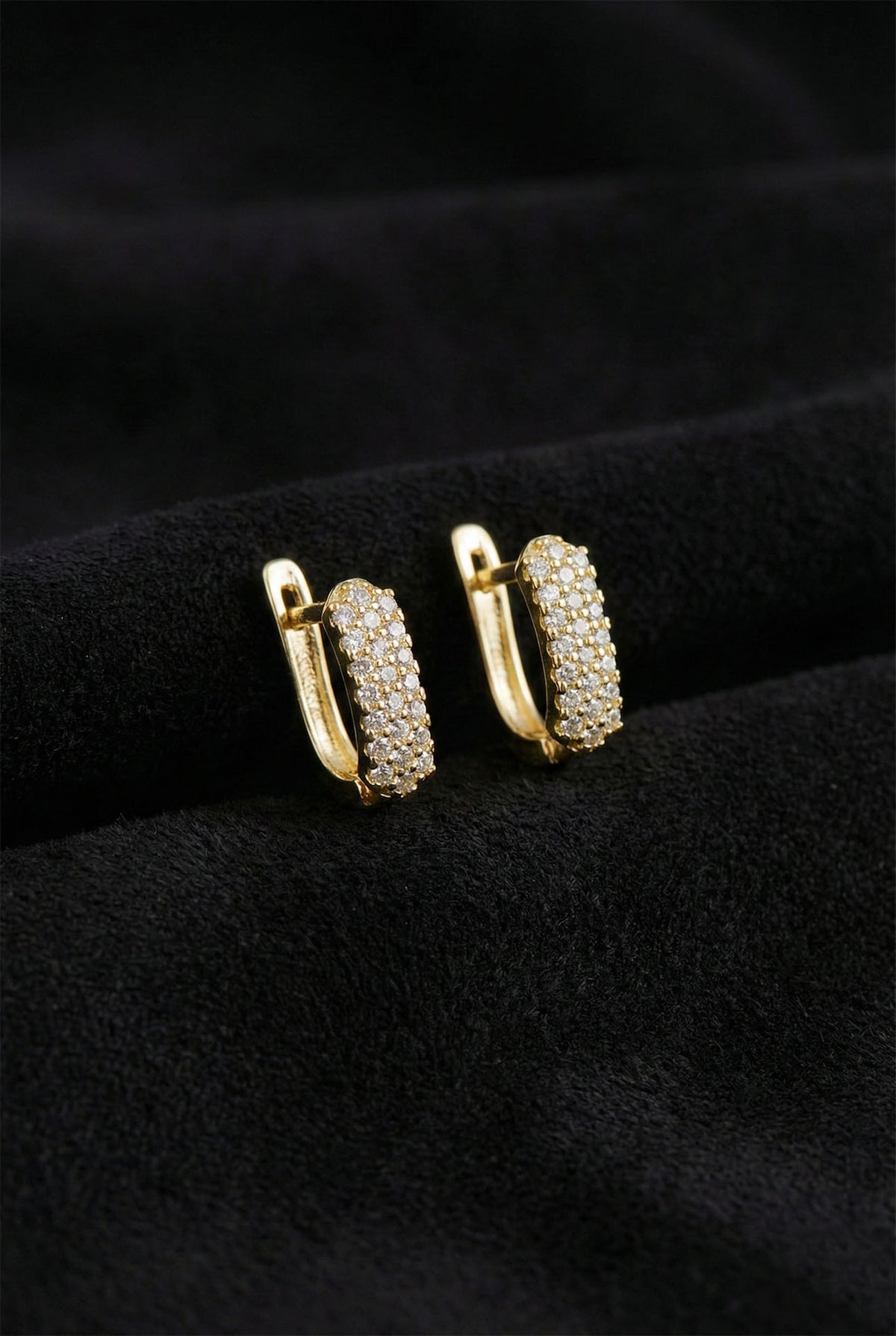 Gold Zircon J-Shape Huggie Hoop Earrings in 925 sterling silver