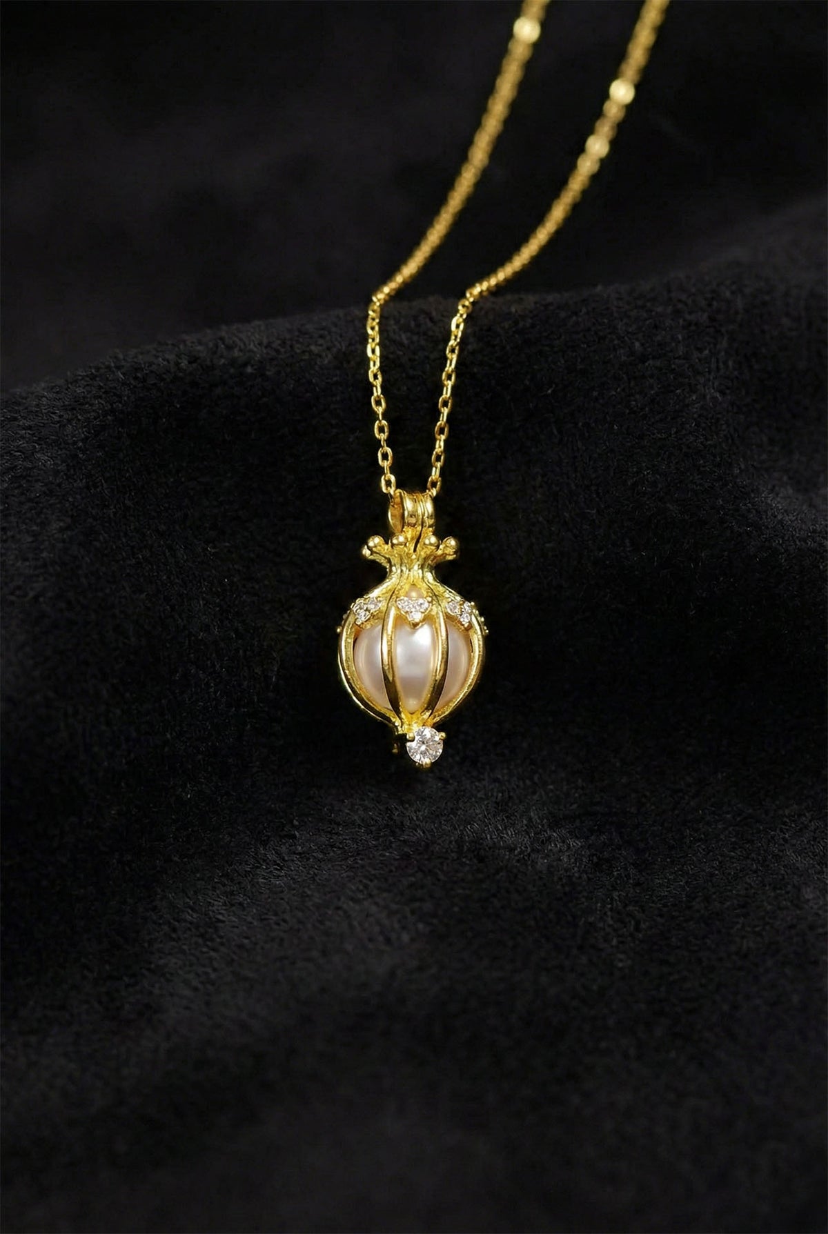 Gold Pearl Cage Heart Pendant Necklace in 925 sterling silver