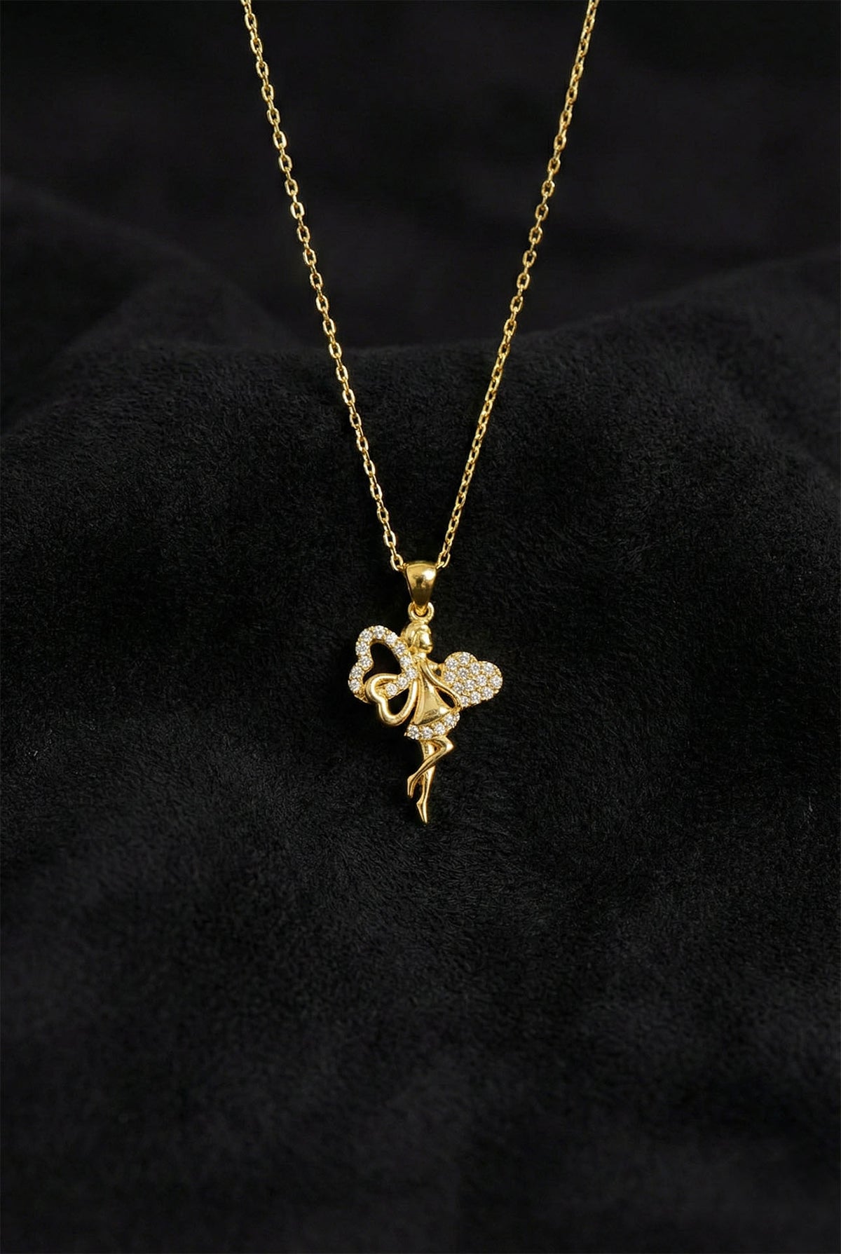 Gold Heart Fairy Necklace with Zircon in 925 sterling silver