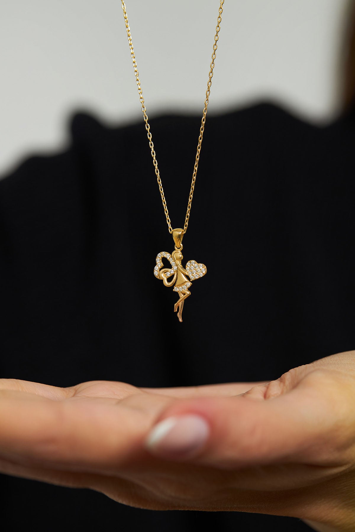 Gold Heart Fairy Necklace with Zircon | 925 Silver