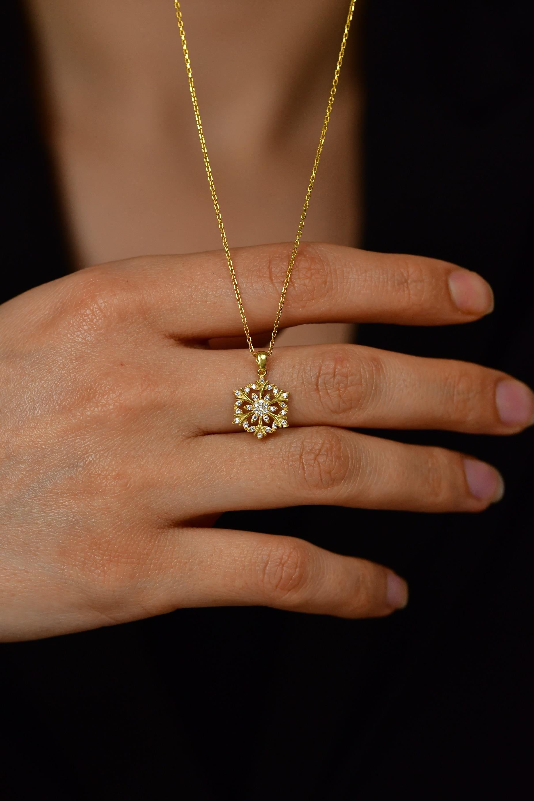 CZ Floral Snowflake Necklace Gold Plated Silver