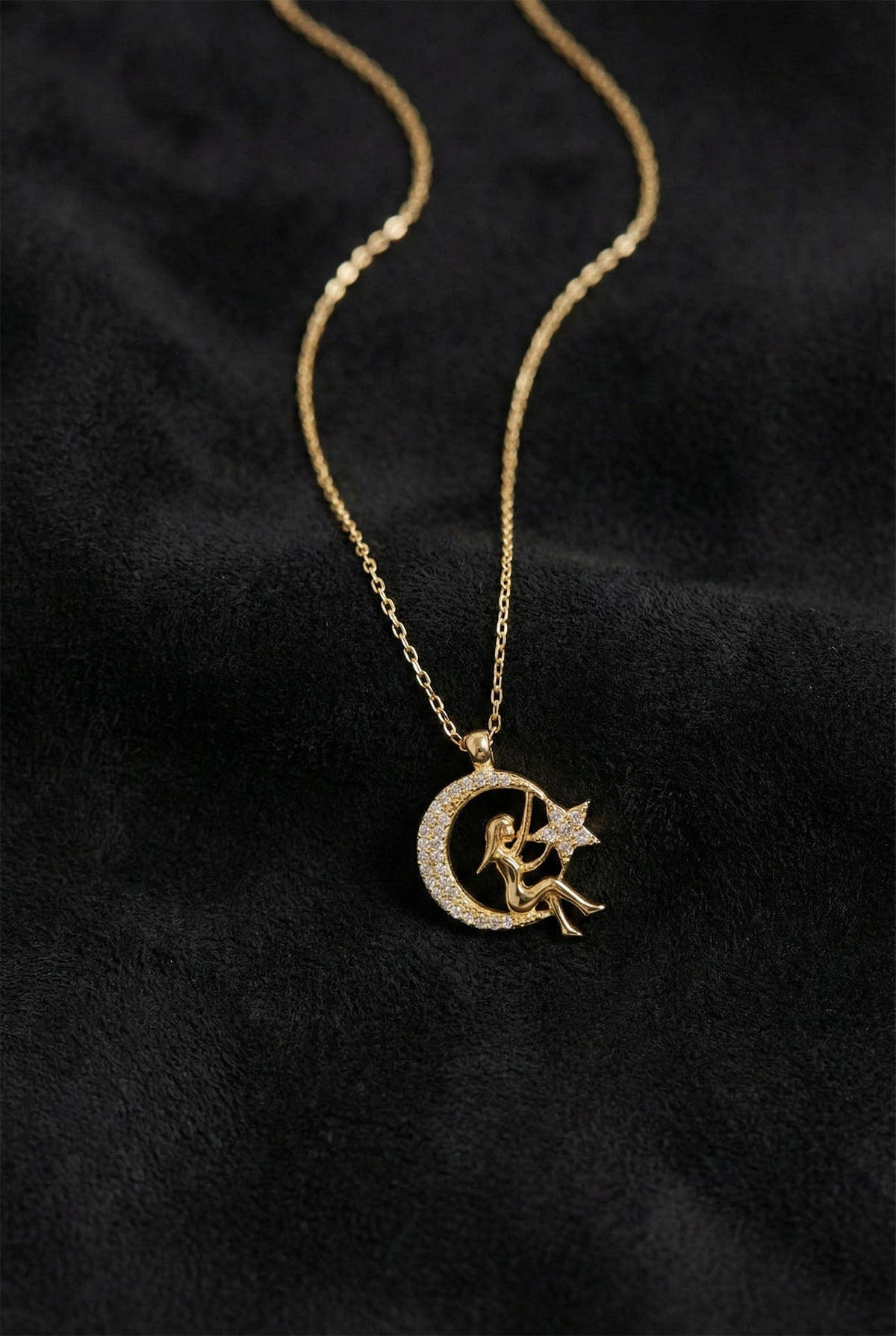 Gold Zircon Moon & Star Girl Pendant Necklace in 925 sterling silver
