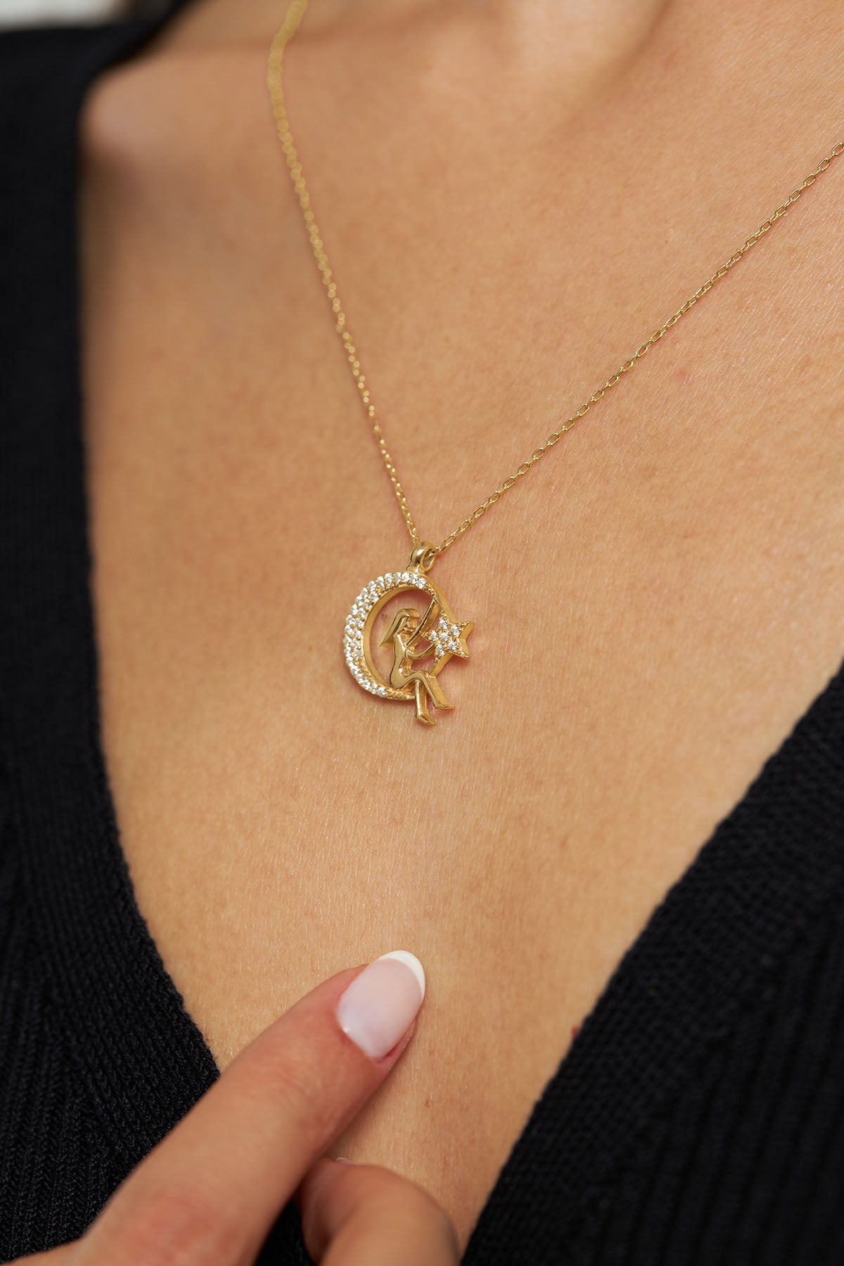 Gold Zircon Moon & Star Girl Pendant Necklace | 925 Silver