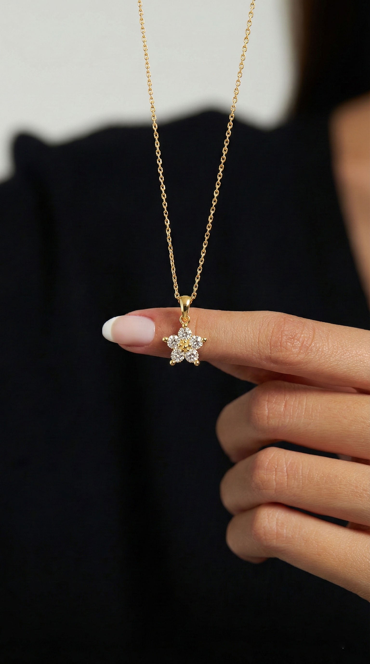 CZ Magnolia Flower Necklace Gold Plated Silver