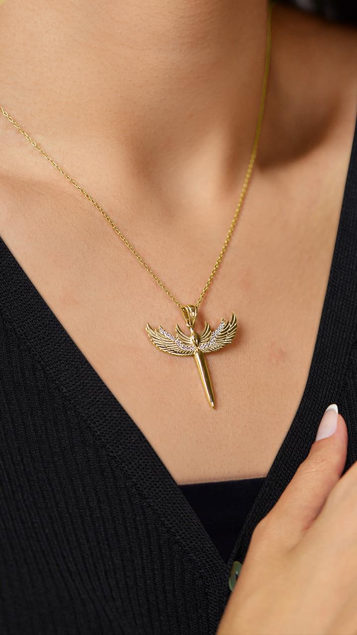 CZ Archangel Michael's Sword Necklace Gold Plated Silver