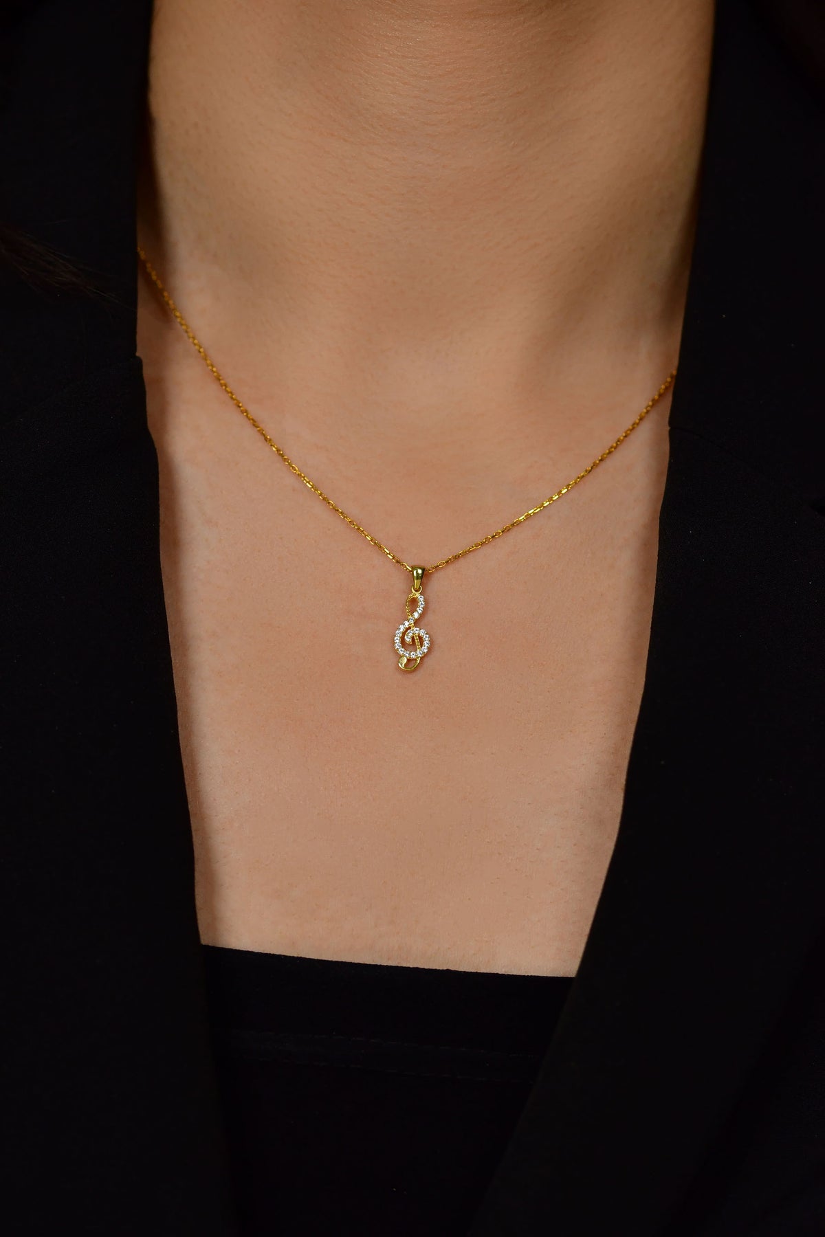 Gold Plated Zircon Treble Clef Pendant Necklace in 925 sterling silver - view 2