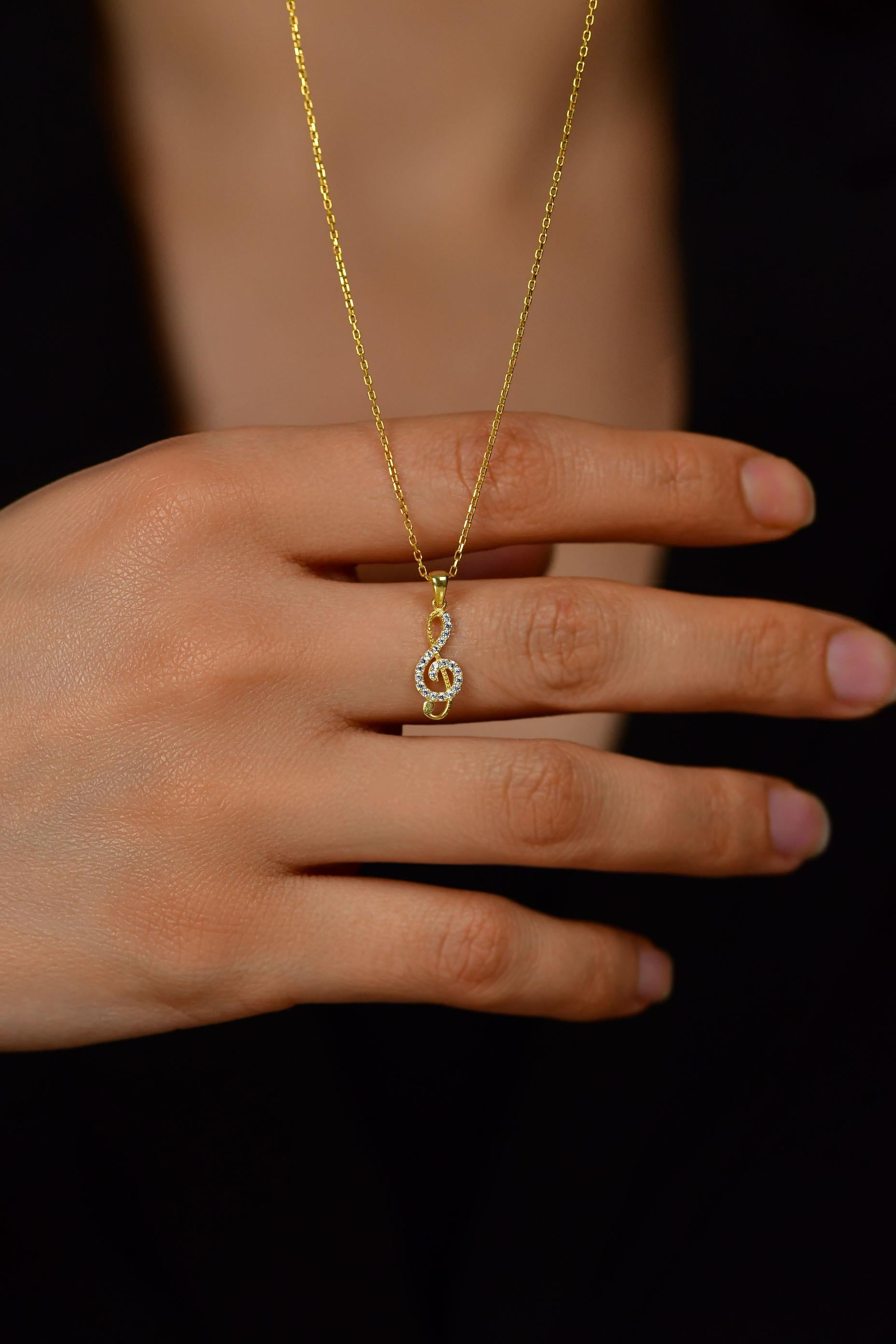 Zircon Stone Gold Treble Clef Minimal Silver Necklace