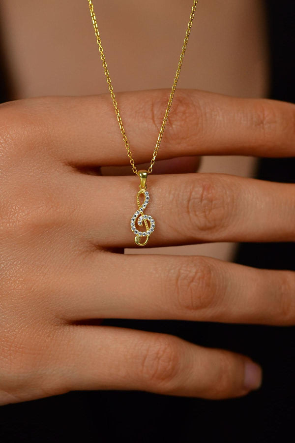 Zircon Stone Gold Treble Clef Minimal Silver Necklace