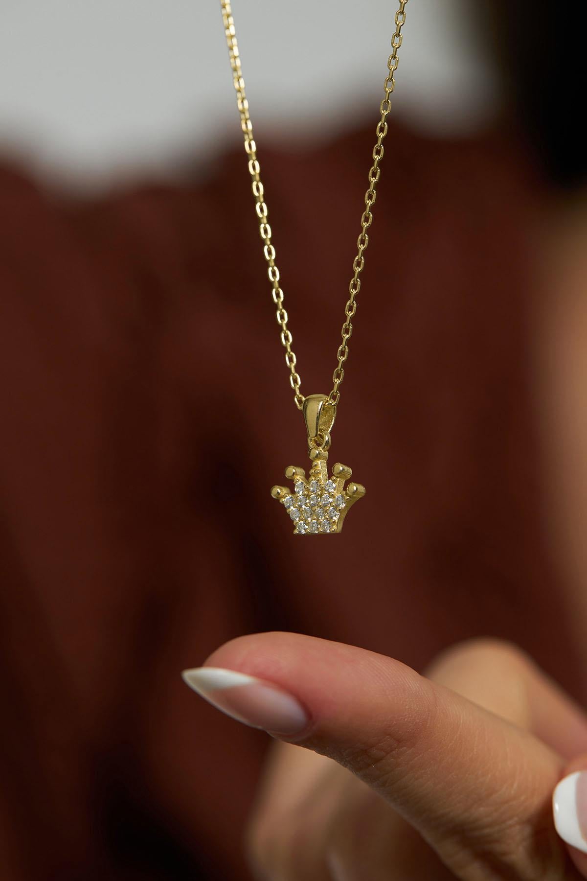 Zircon Stone Gold Crown Model Minimal Silver Necklace