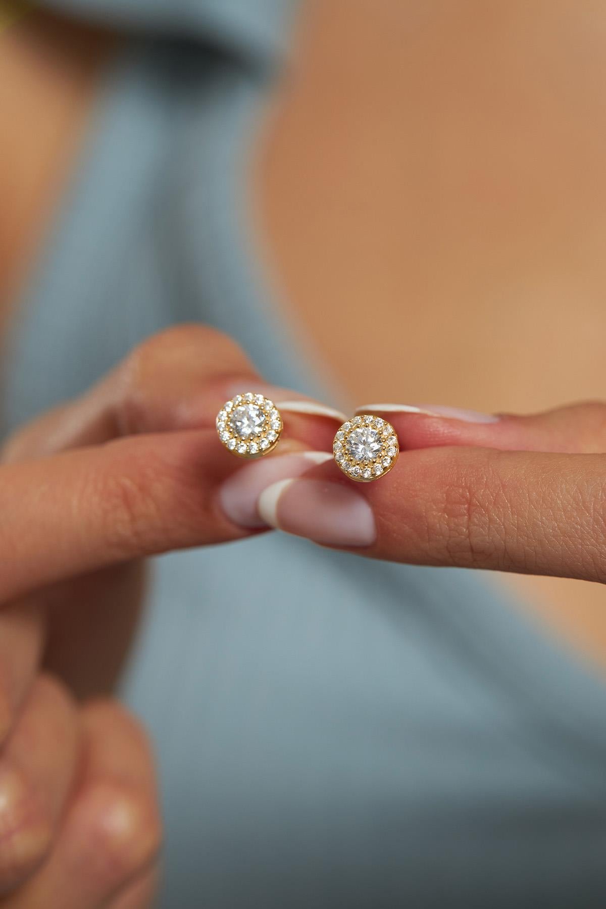 CZ Solitaire Halo Stud Earrings Gold Plated Silver