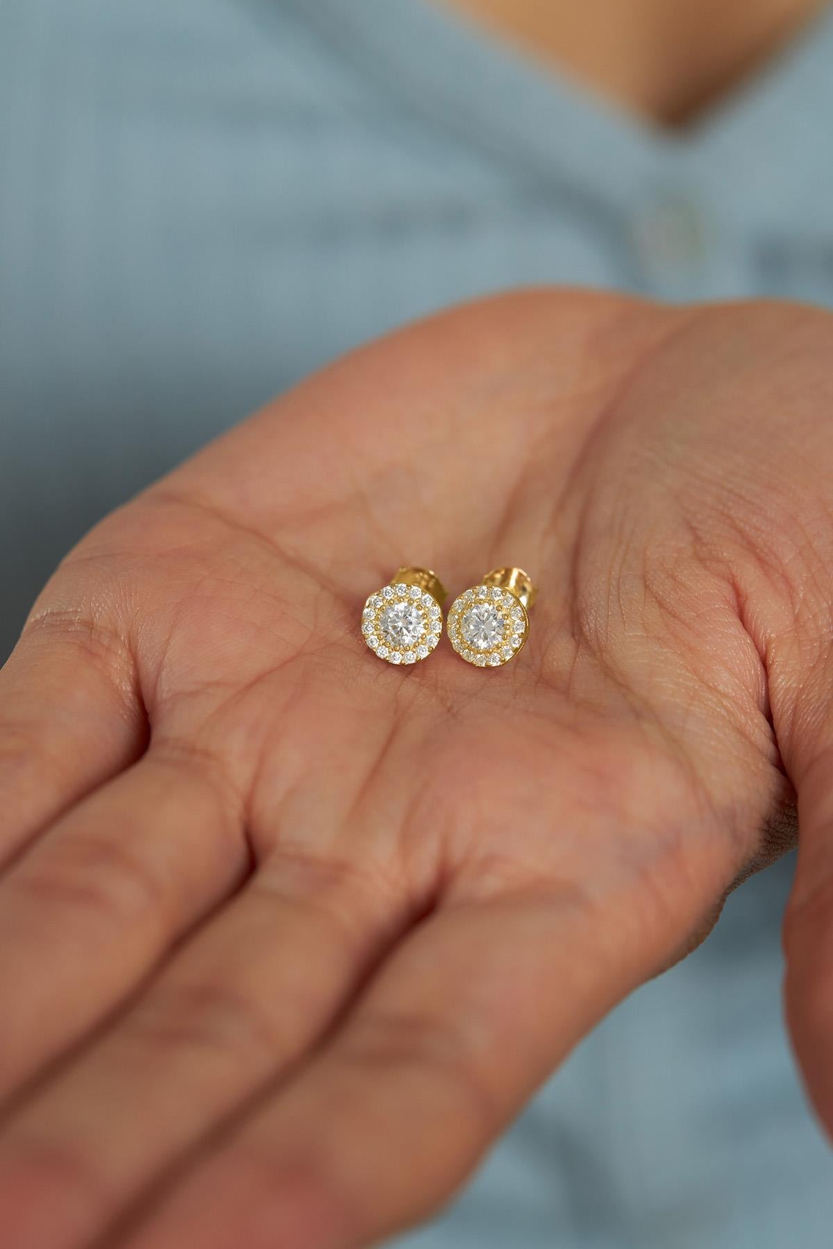 CZ Solitaire Halo Stud Earrings Gold Plated Silver