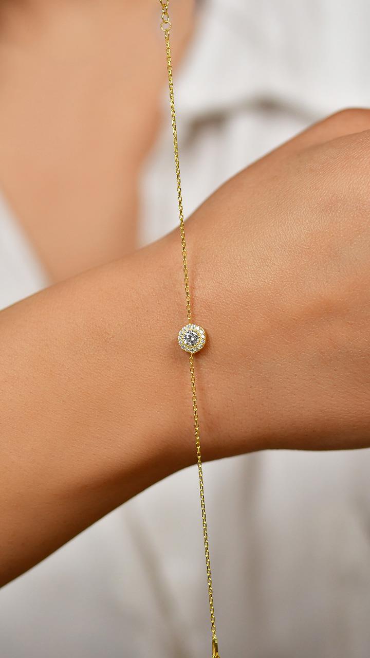CZ Solitaire Halo Minimalist Bracelet Gold Plated Silver