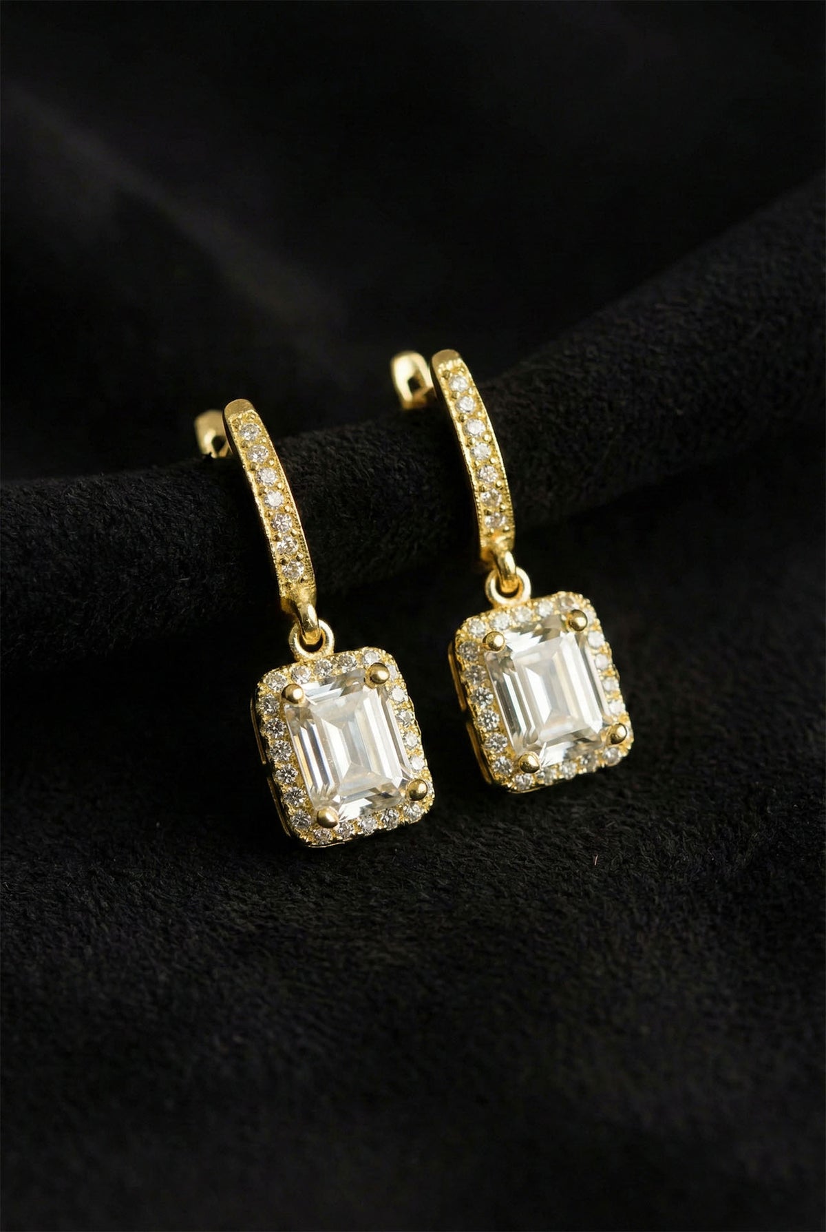 Gold Solitaire Dangling Baguette Earrings in 925 sterling silver
