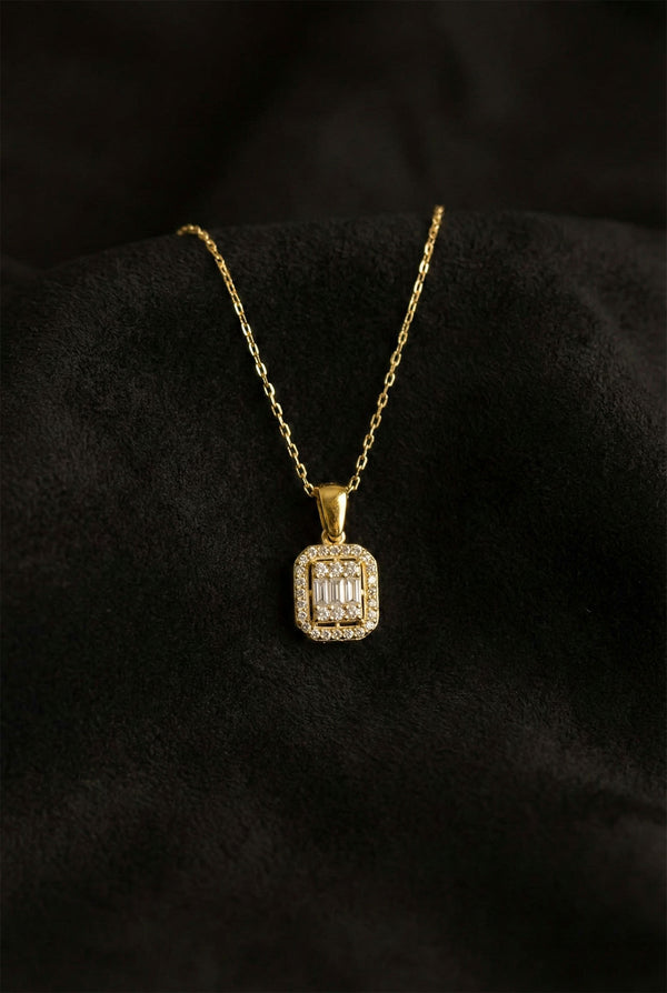 Gold Three-Row Baguette Zircon Necklace Pendant | 925 Silver