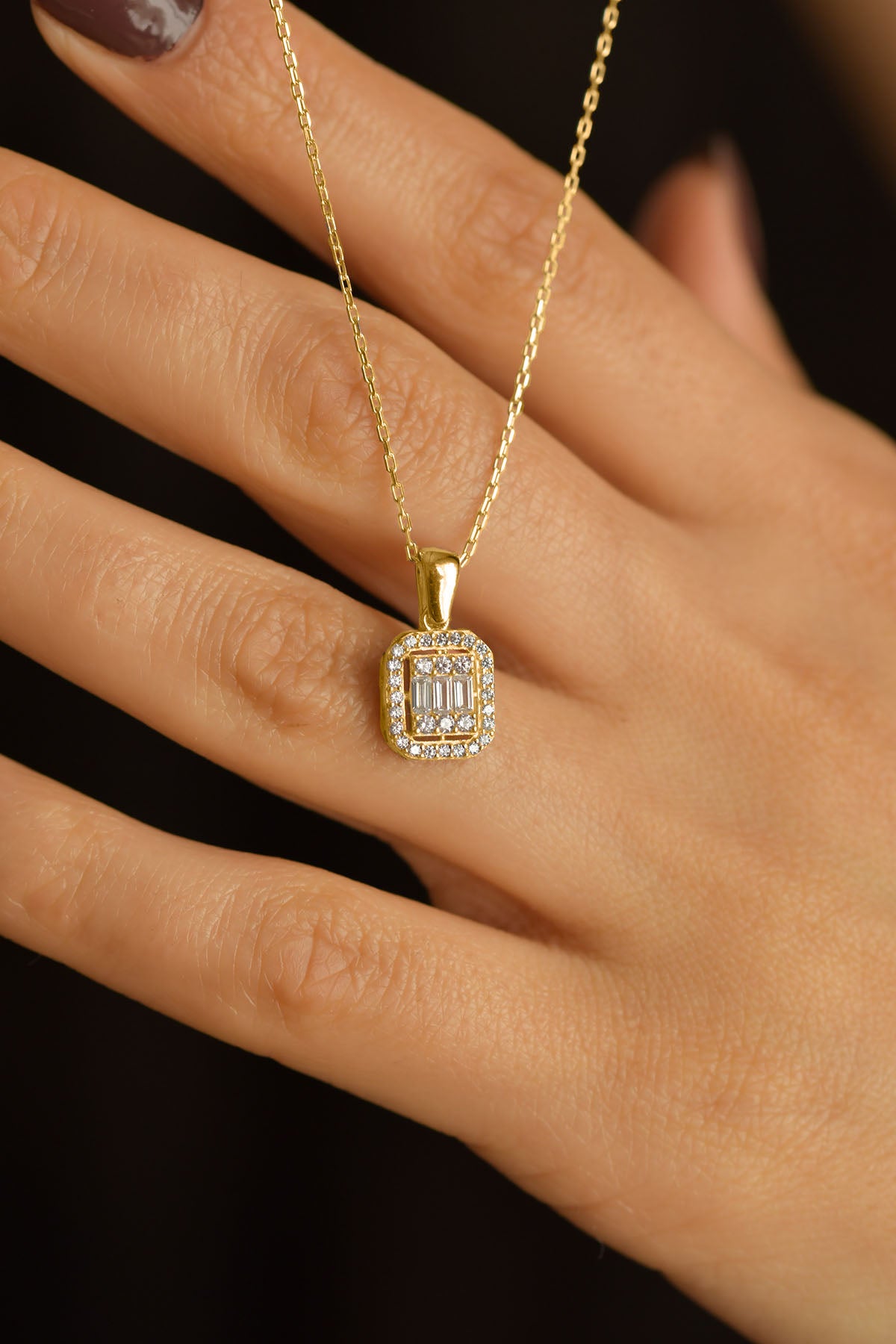 Gold Three-Row Baguette Zircon Necklace Pendant | 925 Silver