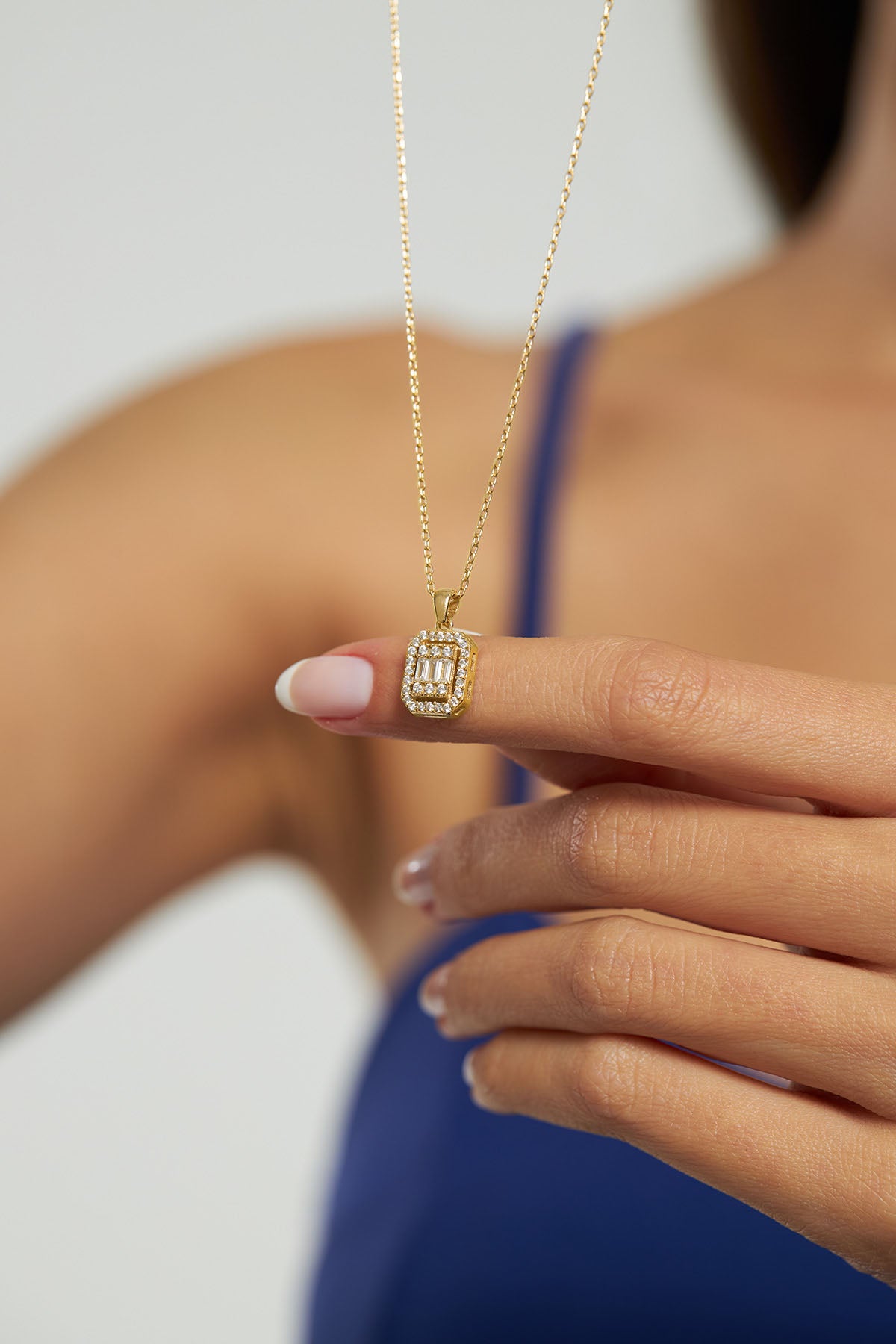 Gold Three-Row Baguette Zircon Necklace Pendant | 925 Silver