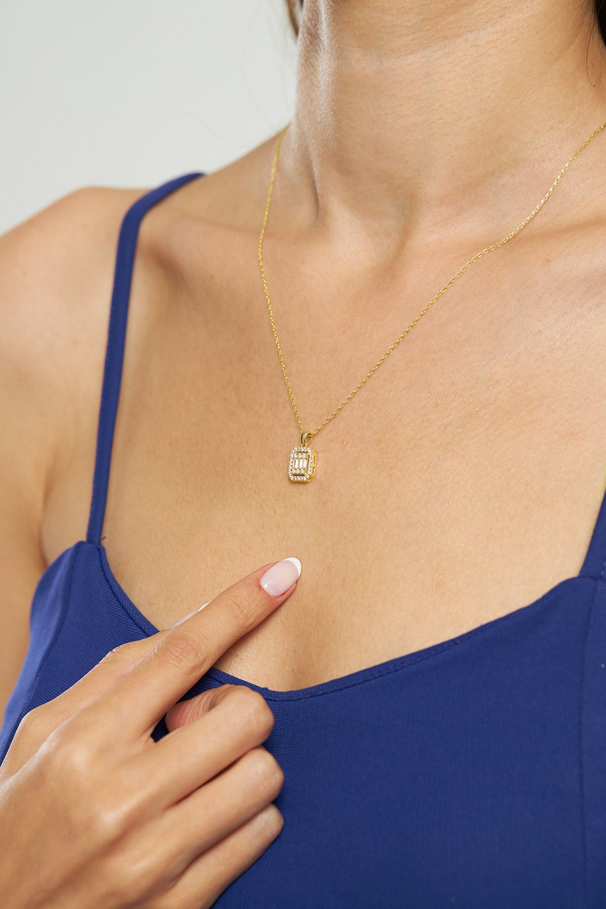 Gold Three-Row Baguette Zircon Necklace Pendant | 925 Silver