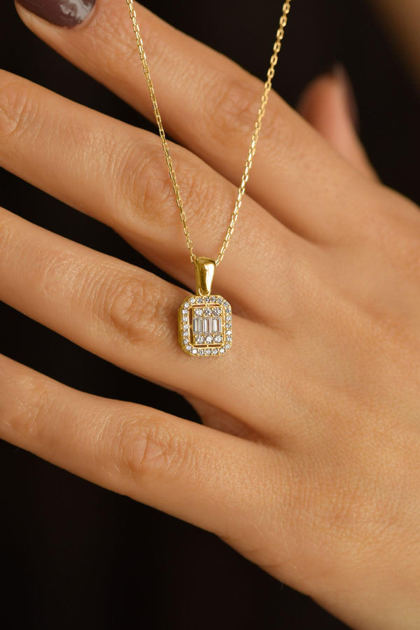 Zirkon Taşlı Gold Üç Sıra Baget Gümüş Kolye