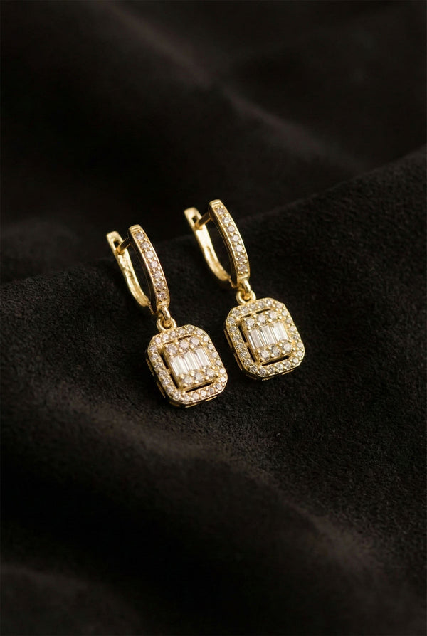 Gold Three-Row Dangling Baguette Earrings | 925 Silver