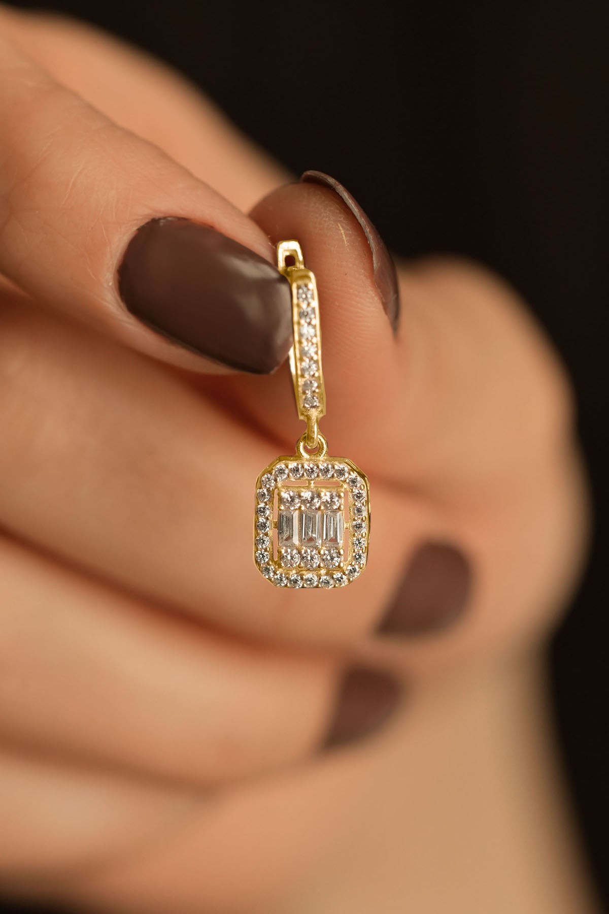Gold Three-Row Dangling Baguette Earrings | 925 Silver