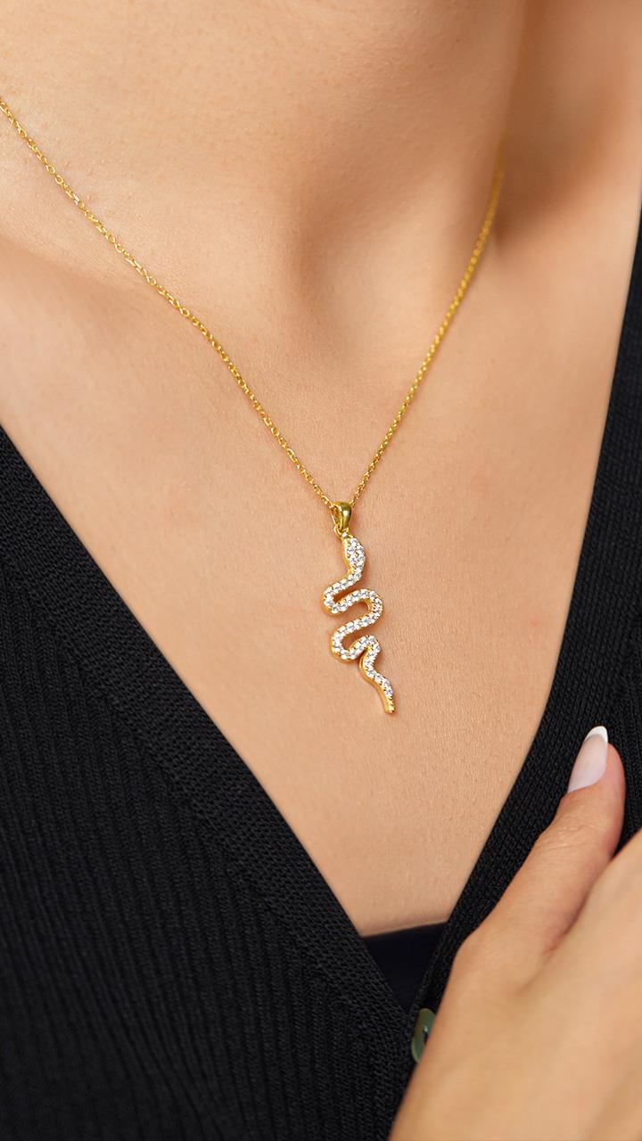 CZ Snake Necklace Gold Plated Silver