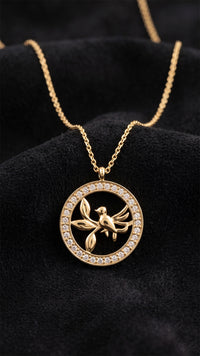 Gold Zircon Bird in Circle Pendant Necklace | 925 Silver