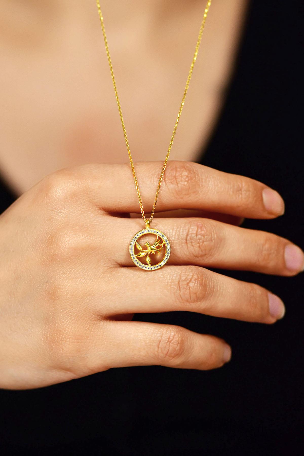 Gold Round Bird Nest Silver Necklace with Zircon Stone