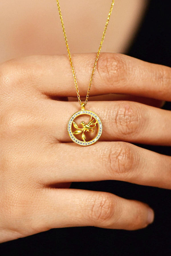 Gold Round Bird Nest Silver Necklace with Zircon Stone