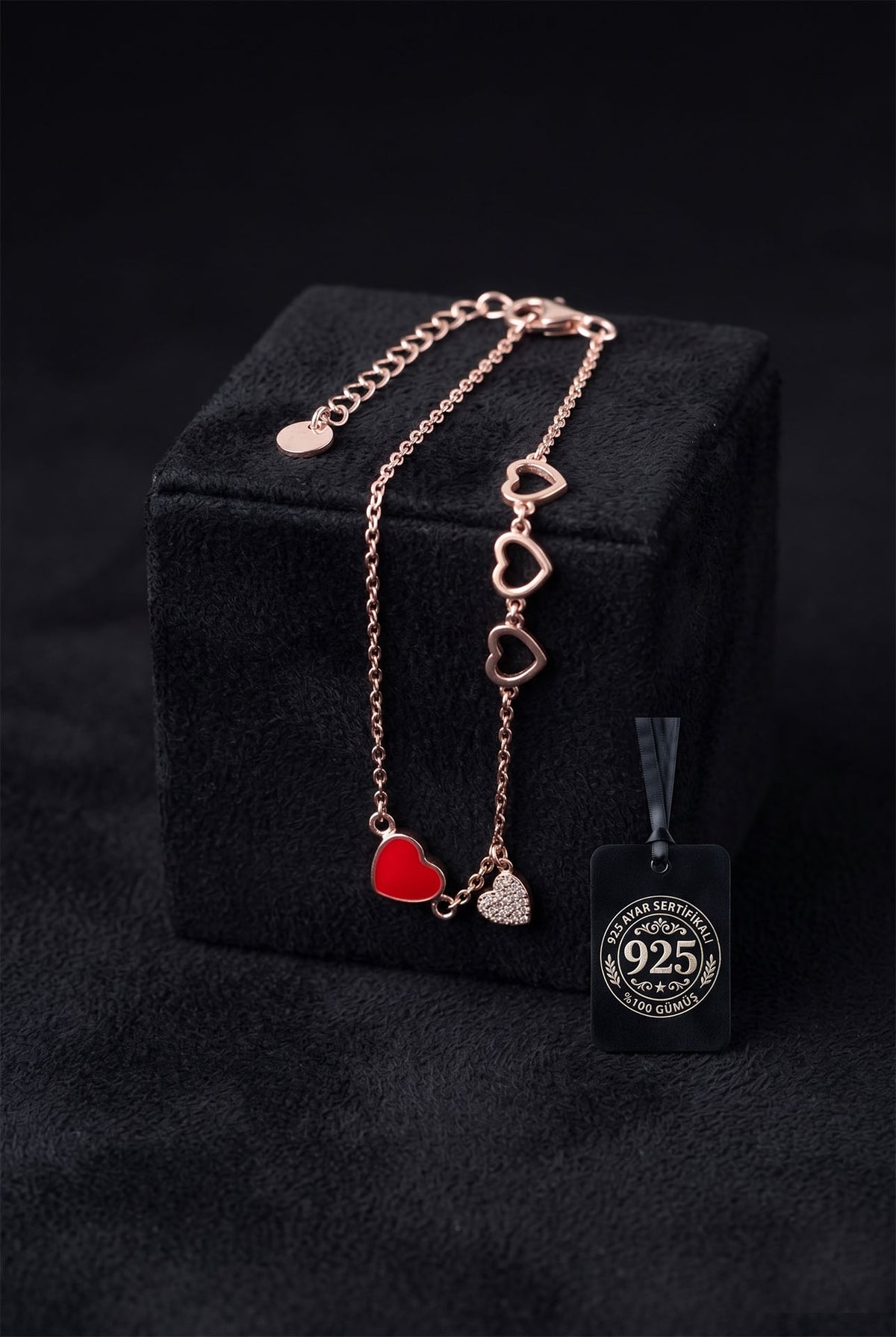 Rose Gold Red Enameled Heart Charm Bracelet in 925 sterling silver
