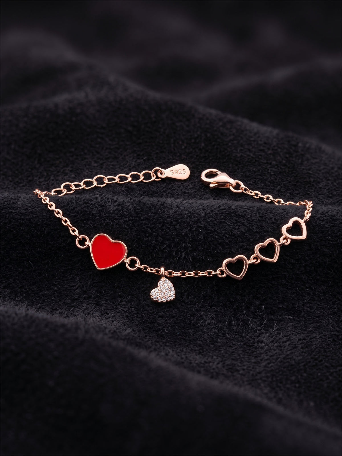 Rose Gold Red Enameled Heart Charm Bracelet in 925 sterling silver - view 2