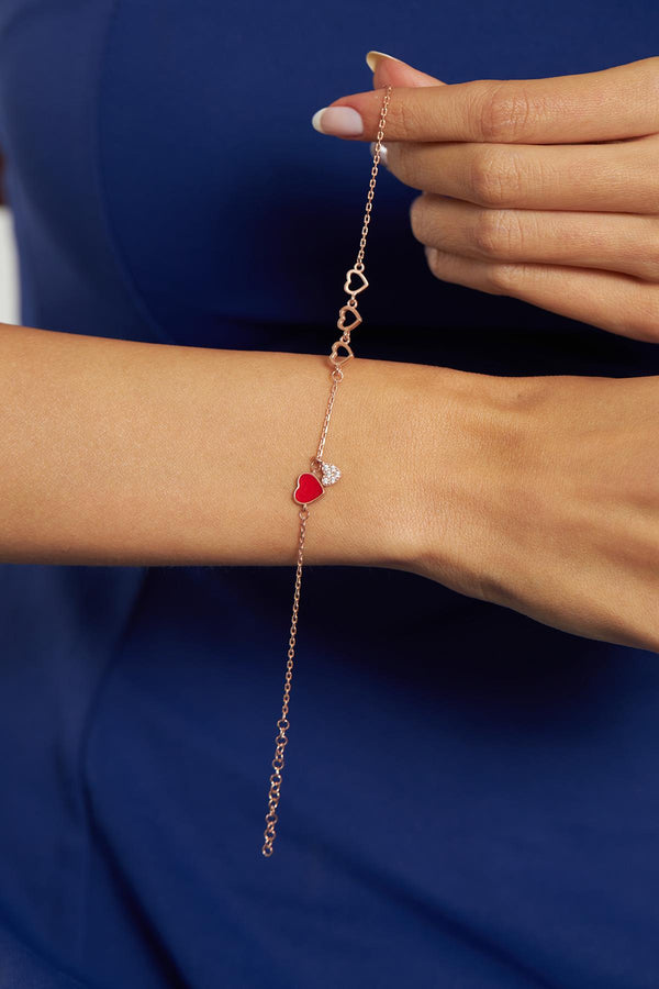 Zirkon Taşlı Mineli Rose Kalp Minimal Gümüş Bileklik
