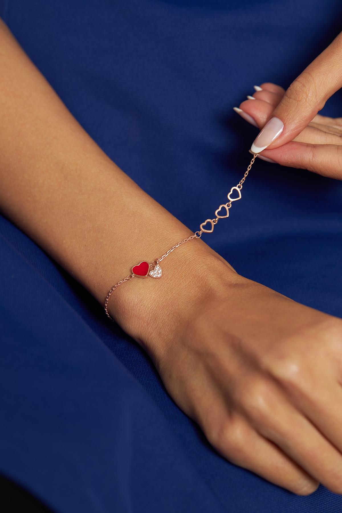 CZ Enamel Heart Minimalist Bracelet Rose Gold Plated Silver