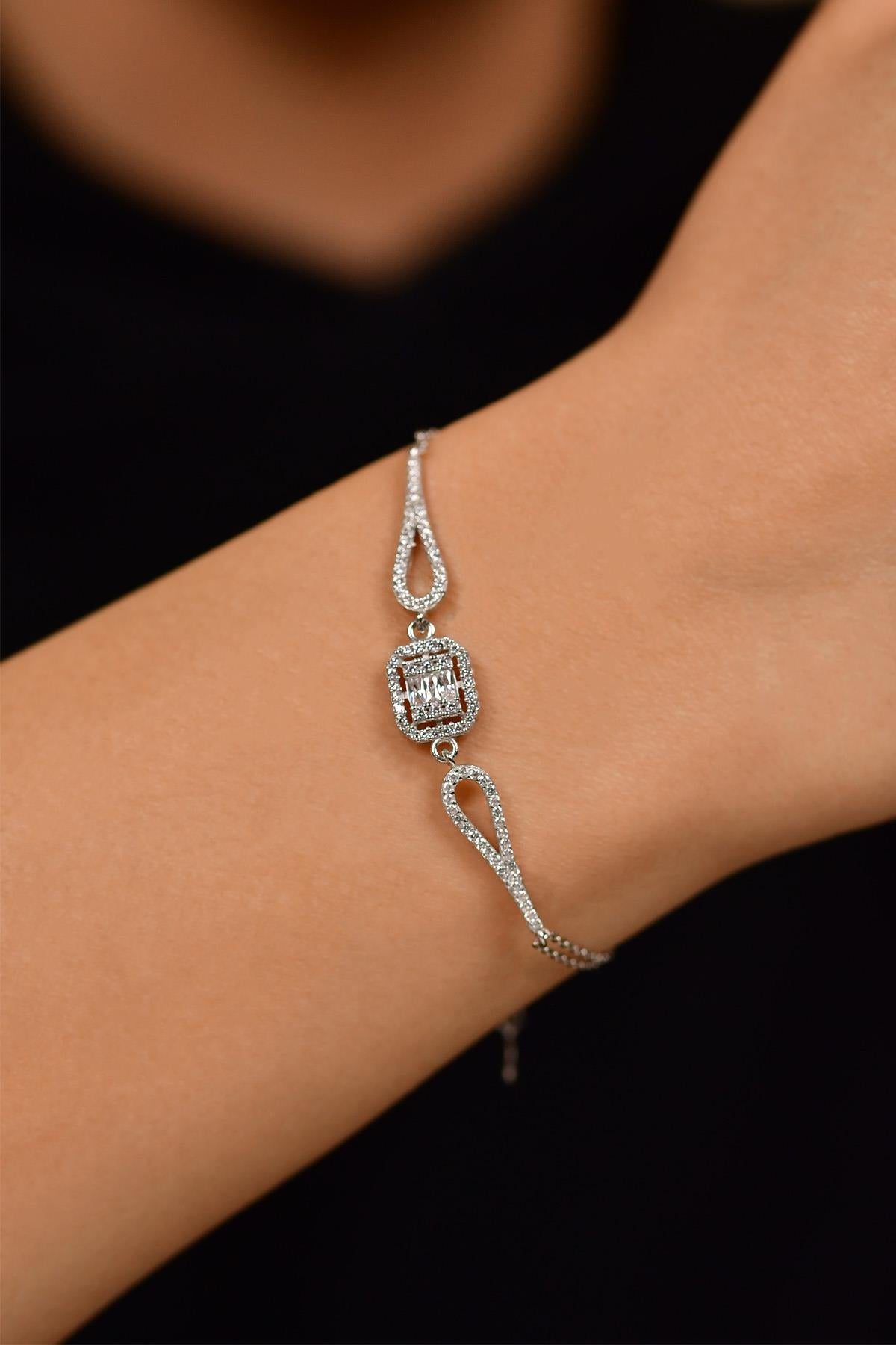 Rhodium-Plated 3-Row Baguette Zircon Silver Bracelet