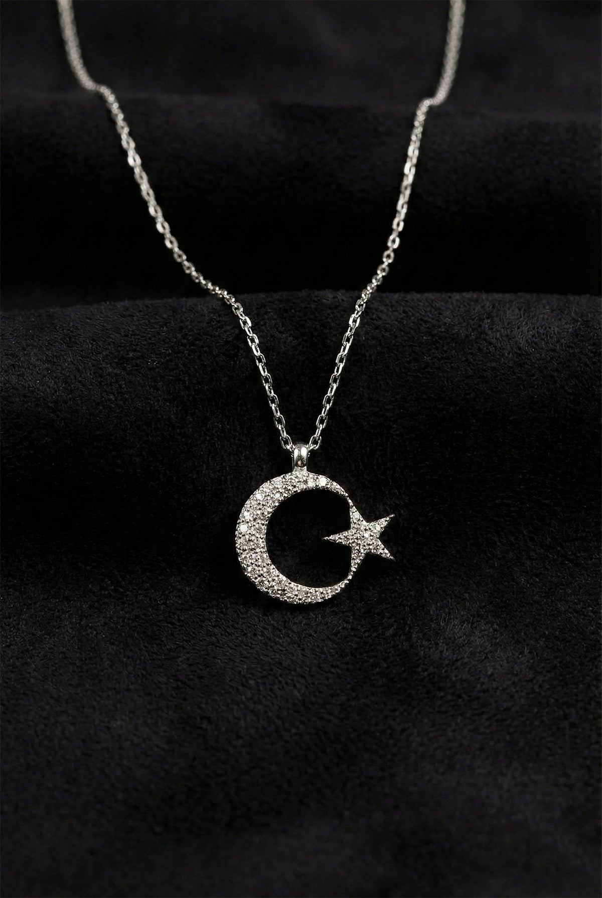 Rhodium Crescent Moon & Star Zircon Pendant in 925 sterling silver