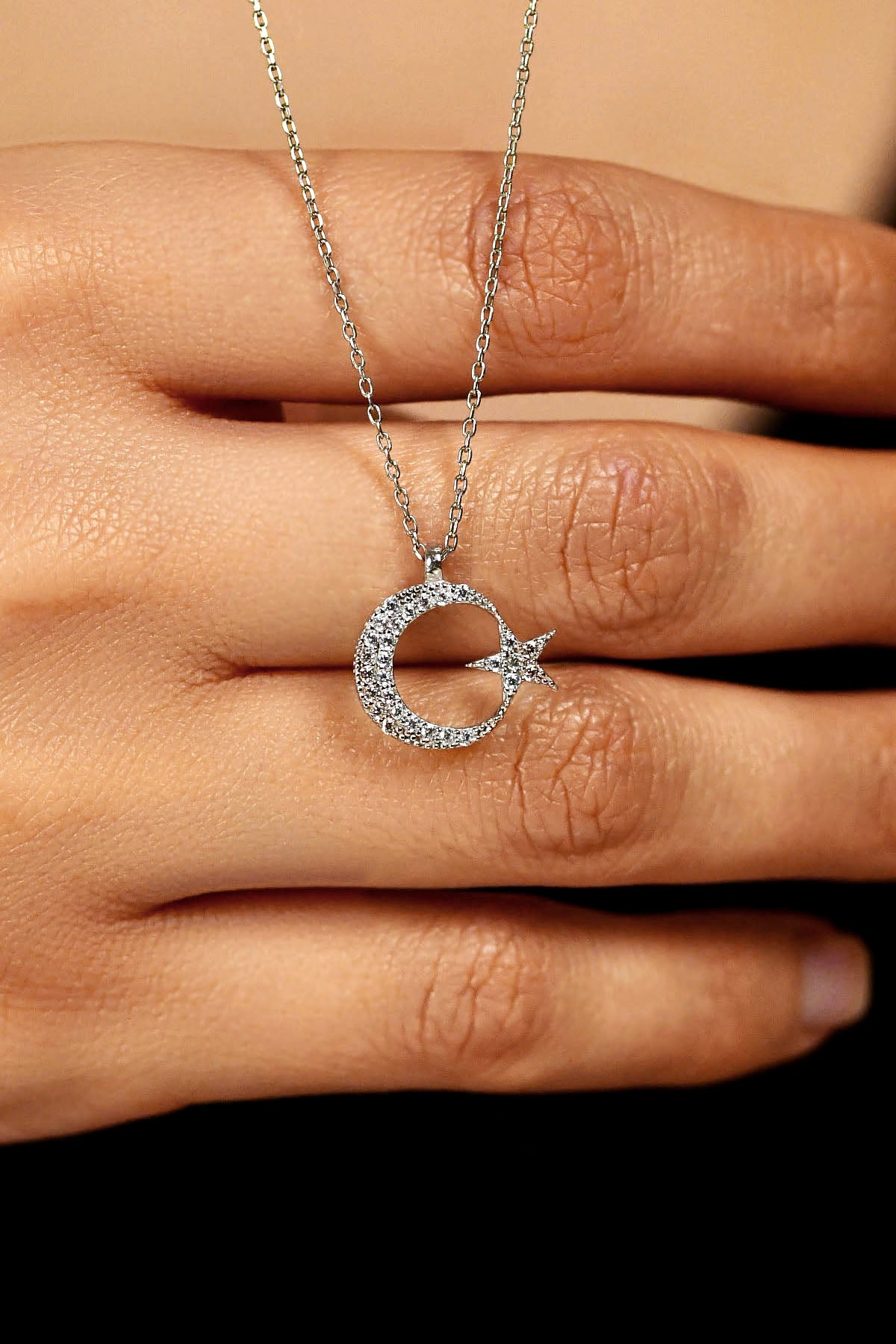 Rhodium Crescent Moon & Star Zircon Pendant in 925 sterling silver - view 2