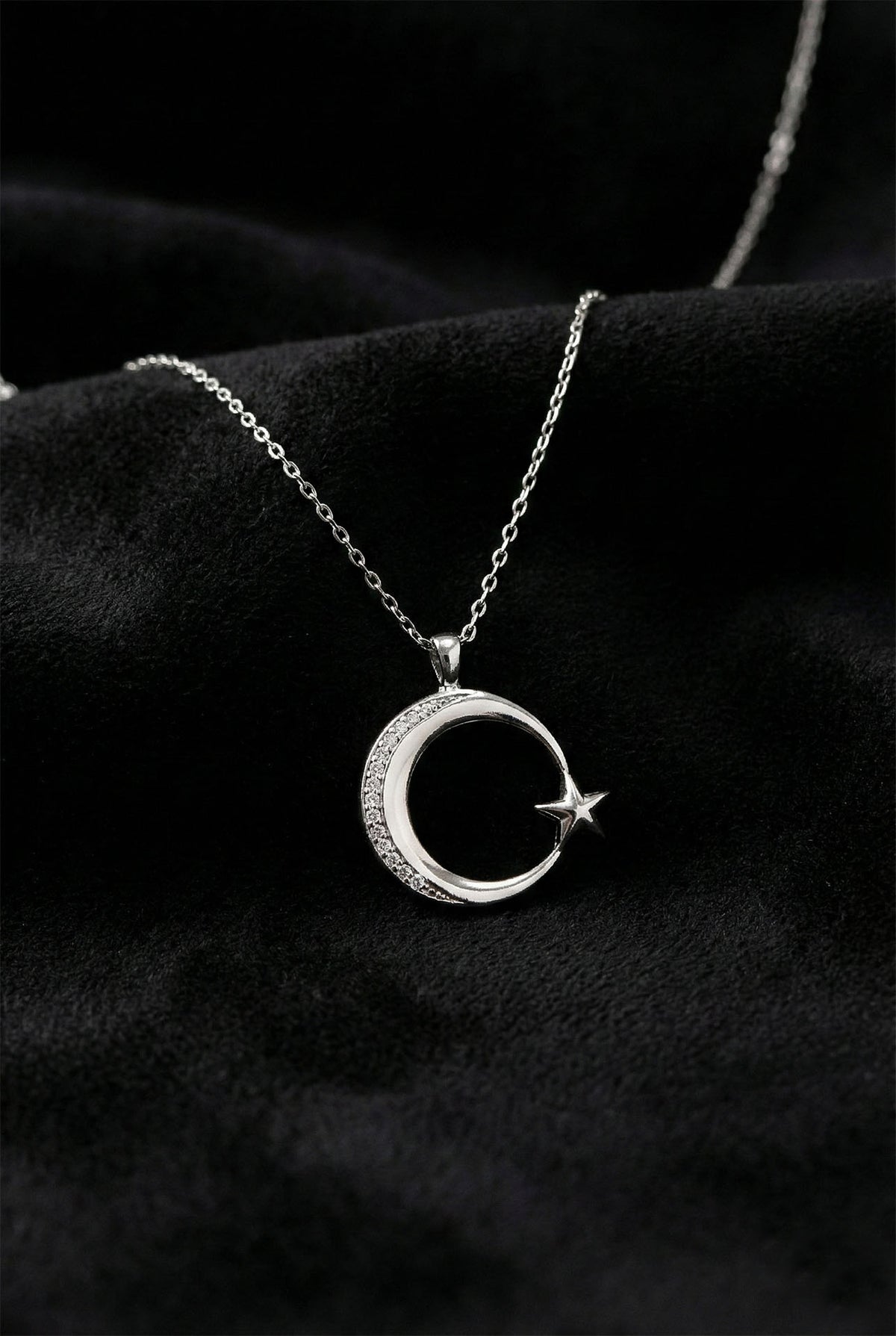 Rhodium Crescent Moon & Star Zircon Necklace in 925 sterling silver