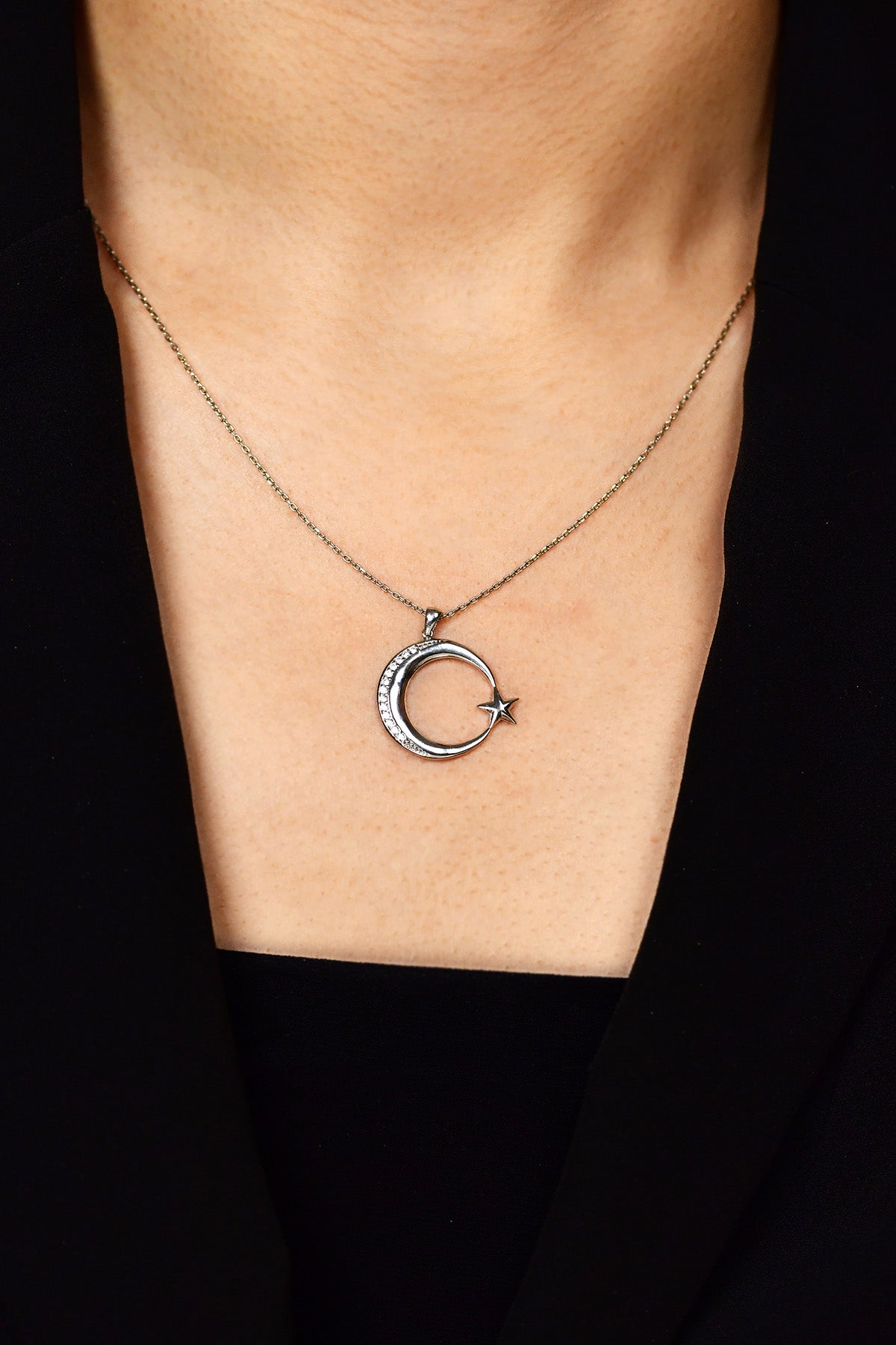 Rhodium Crescent Moon & Star Zircon Necklace in 925 sterling silver - view 4