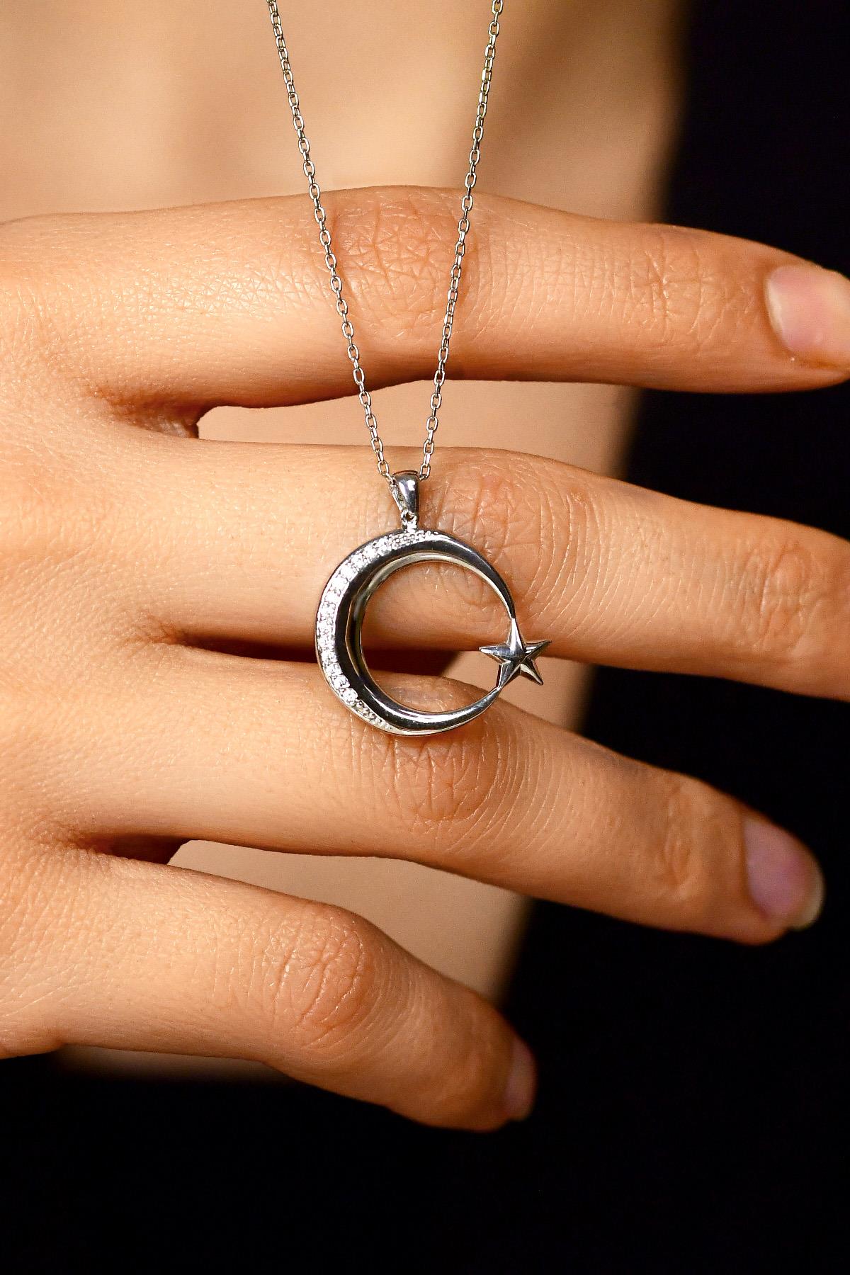 Rhodium-Plated Crescent Star Flag Silver Necklace with Zircon Stone