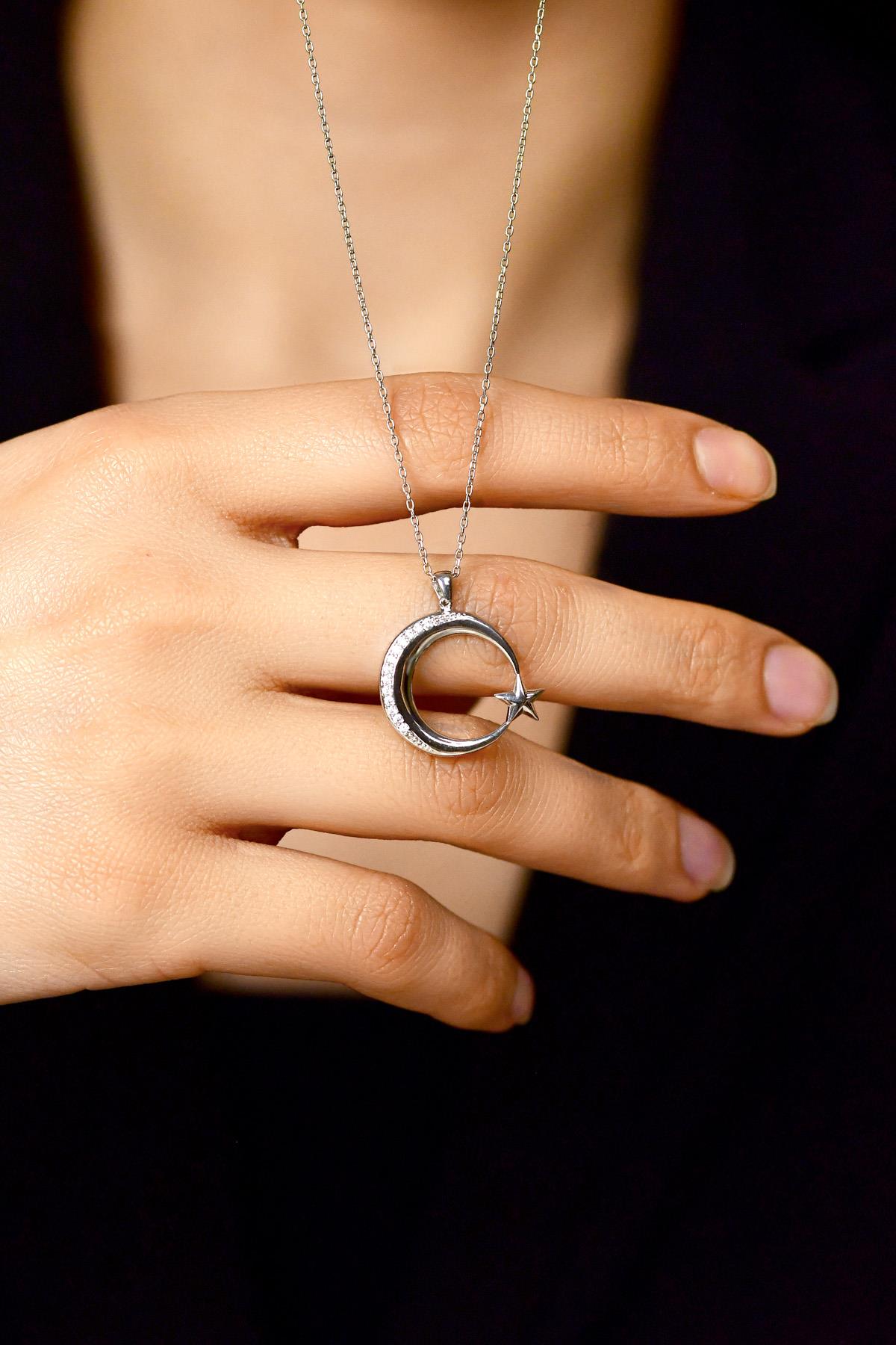 Rhodium-Plated Crescent Star Flag Silver Necklace with Zircon Stone