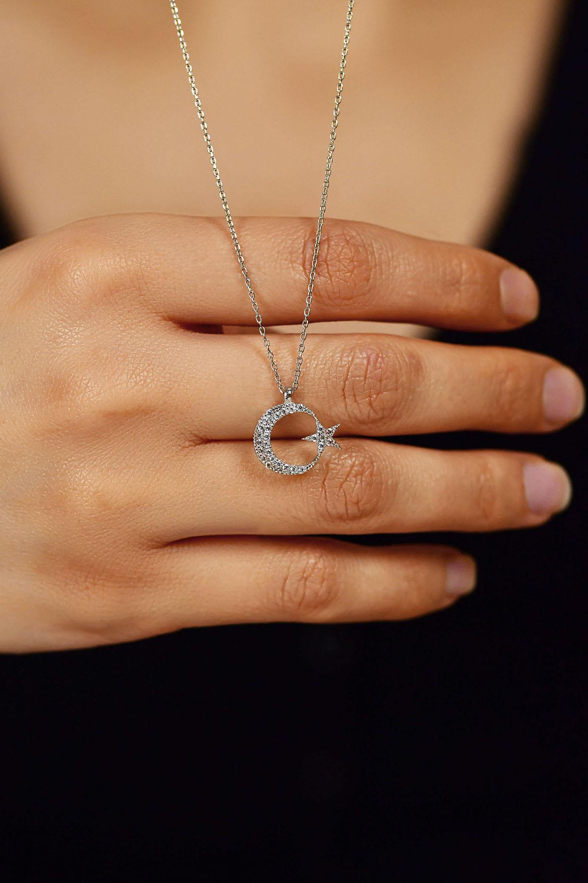 Rhodium Crescent and Star Flag Silver Necklace with Zircon Stones