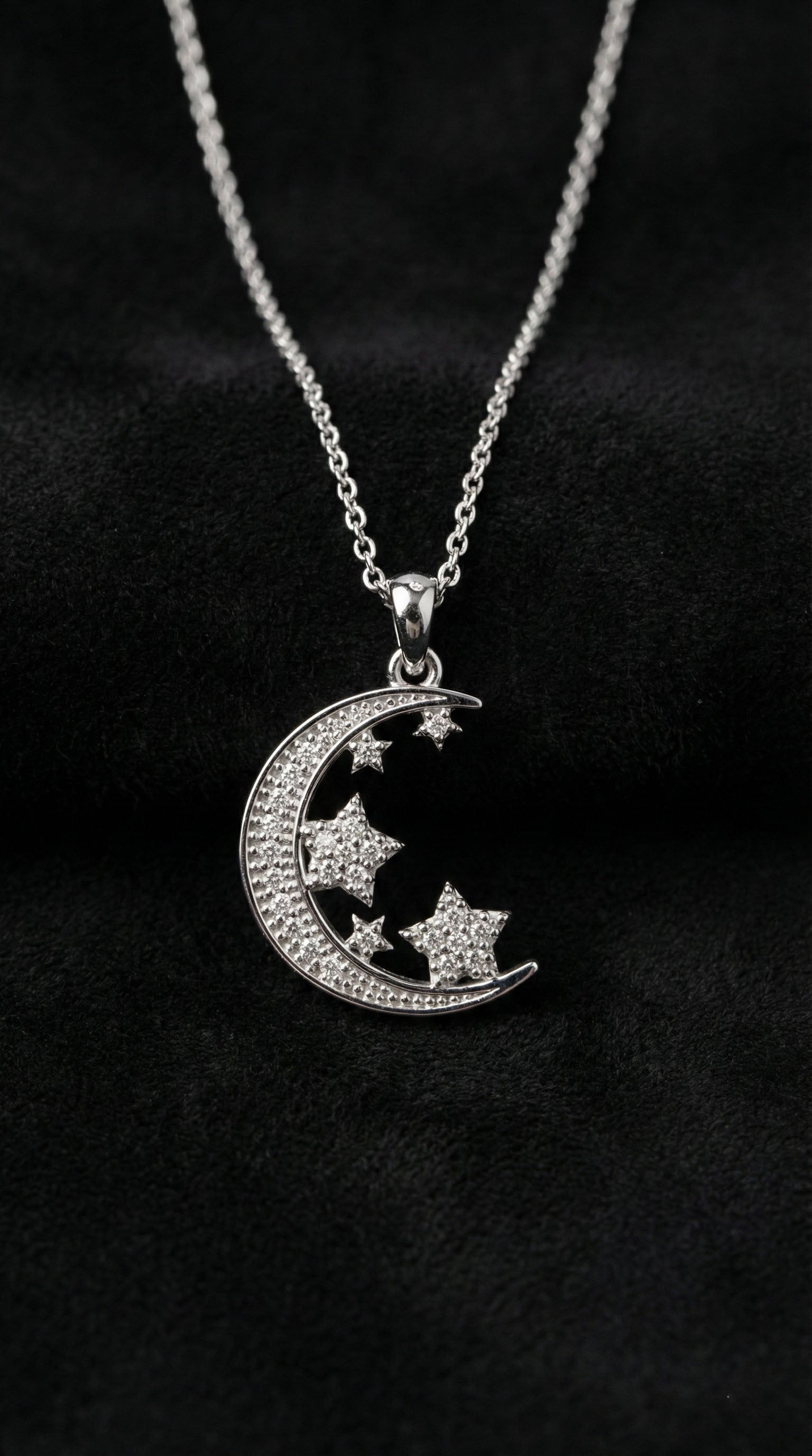 Rhodium-Plated Crescent Star Sky Silver Necklace with Zircon Stone