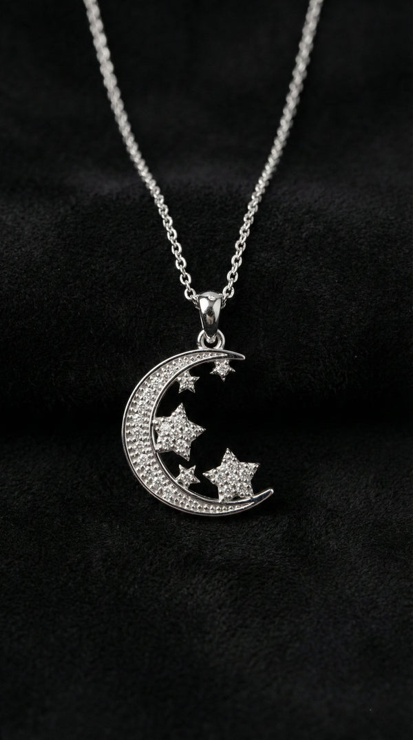 Rhodium-Plated Crescent Star Sky Silver Necklace with Zircon Stone