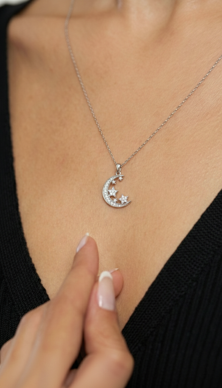 CZ Moon Star Sky Necklace Rhodium Plated Silver