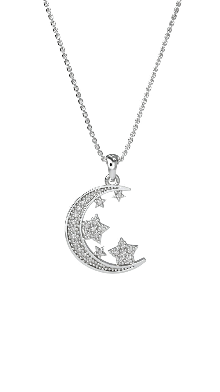CZ Moon Star Sky Necklace Rhodium Plated Silver