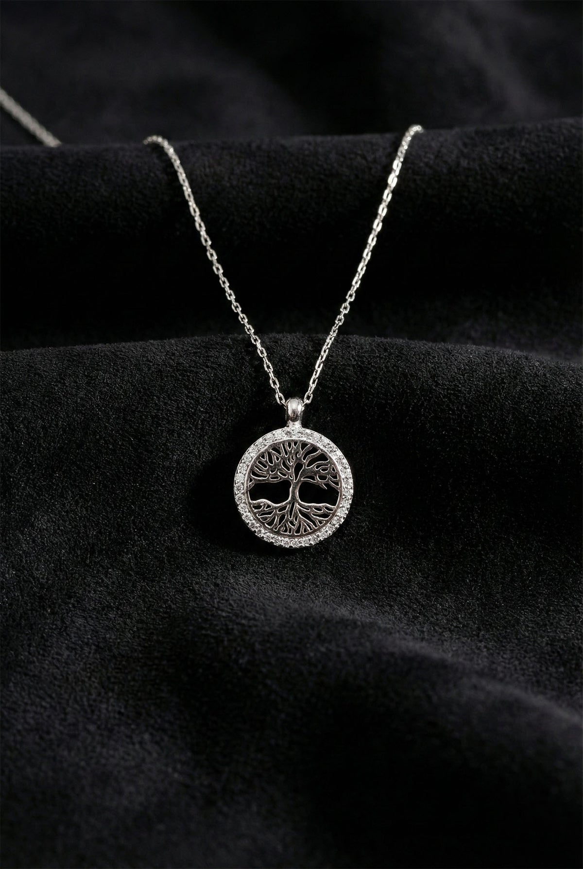 Rhodium Zircon Tree of Life Circle Necklace in 925 sterling silver