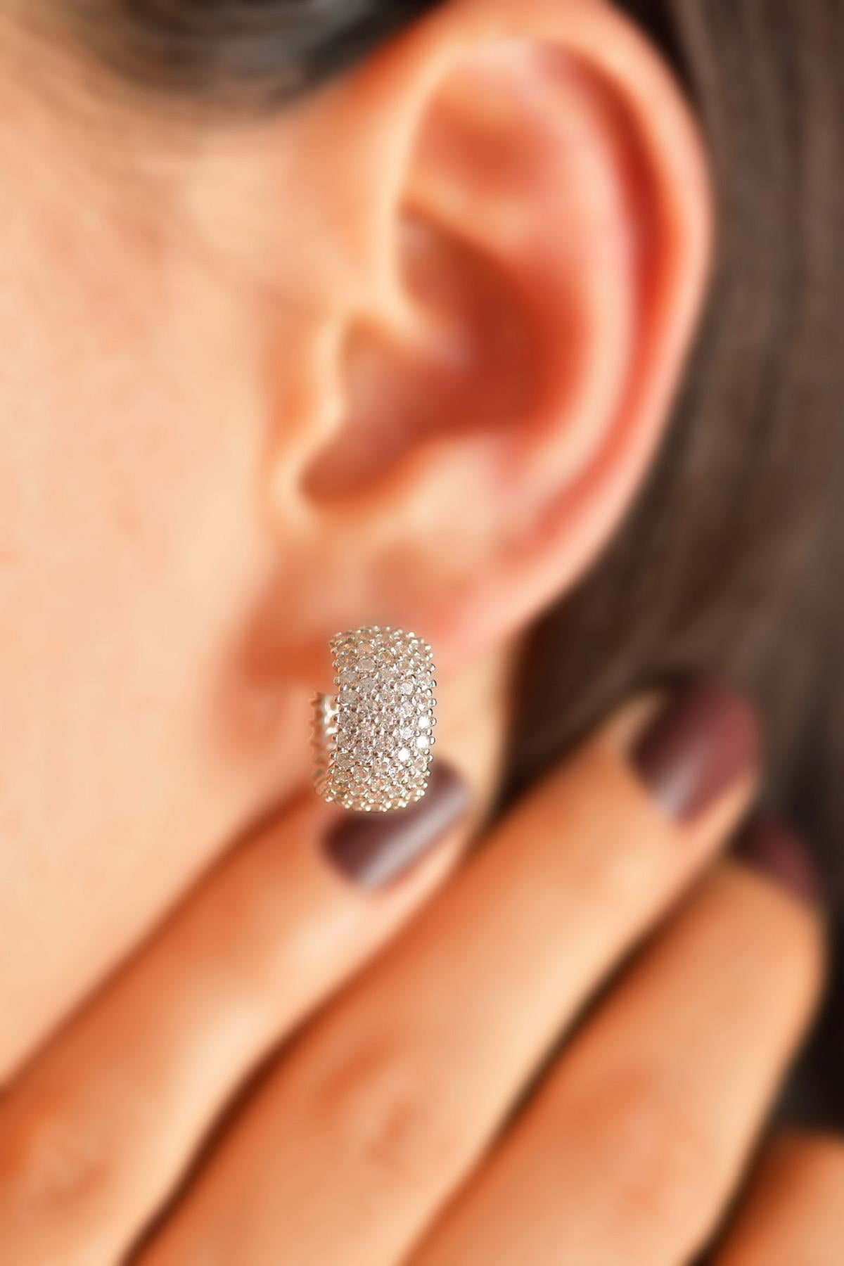 CZ Five Row Full-Hoop Hoop Style Stud Earrings Rhodium Plated Silver